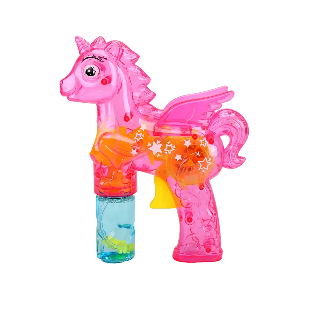 Wind up Operated Bubble Gun Unicornio (no se necesitan baterías) con soluciones de botellas y luz LED, juguete de soplado de burbujas para niños