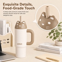 Gobelet isotherme portable en acier inoxydable à double paroi sous vide de 24 oz avec poignée et tête d'animal mignonne, avec paille, idéal pour un cadeau