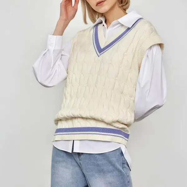 Venta al por mayor de fábrica personalizado cable V cuello sin mangas de algodón de gran tamaño las mujeres suéter de punto chaleco