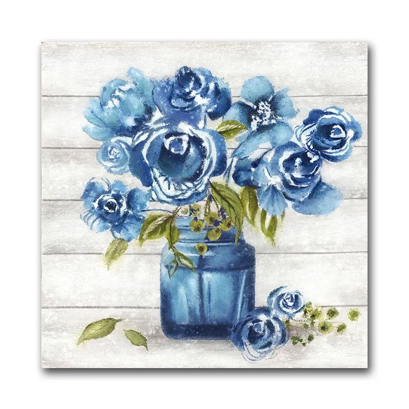 ขายส่งผ้าใบศิลปะดอกไม้สีฟ้าแจกันภาพวาดการออกแบบสำหรับผนังห้องนั่งเล่น