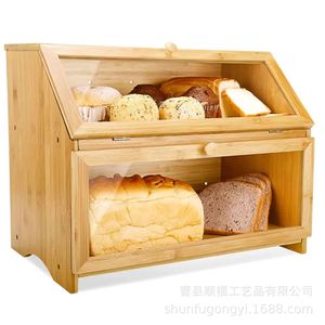 กล่องขนมปังไม้ชุนฟู่สองชั้นพร้อมประตูกระจก ชั้นวางของในครัว - Product Image 4