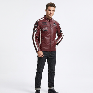 Blouson de moto en cuir véritable pour homme, couleur bordeaux, style Cafe Racer, rayé, fermeture éclair, vêtement d'extérieur - Product Image 1