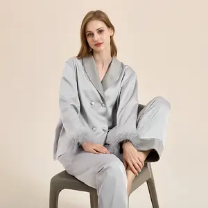 New High Class Luxury Spring Autumn Feather Pajamas Set Senior Sense Padded Thickened Warm Double-breasted Lapel Loungewear Set