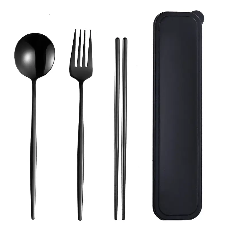Sendok garpu sumpit berlapis Titanium baja tahan karat sumpit garpu set tiga potong peralatan makan portabel kreatif perjalanan luar ruangan