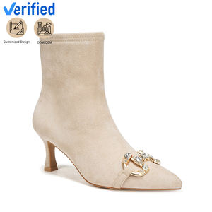 Bottes à la cheville élégantes en faux daim <span class=keywords><strong>beige</strong></span> bout pointu talon aiguille boucle en <span class=keywords><strong>strass</strong></span> fermeture à glissière hauteur augmentant pour l'hiver - Product Image 1