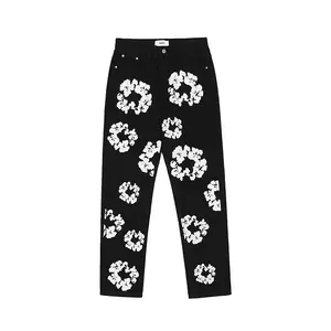 Flower Print Washed Men Jeans Light Blue And Black Pants For Men New Fashion And Simple Style
