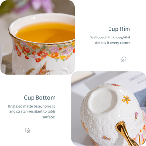 แก้วเซรามิคลายดอกไม้พร้อมลายผีเสื้อ - แก้วกาแฟลายชนบทขอบทองลายนูน - Product Image 4