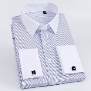 Nueva <span class=keywords><strong>Camisa</strong></span> de Boda con Puños Franceses, Corte Slim, Cuello Estampado, Versión Coreana, Manga Larga, <span class=keywords><strong>Camisa</strong></span> de Oficina a Rayas para <span class=keywords><strong>Hombre</strong></span> - Product Image 3