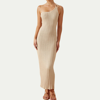 Robe de plage sexy en crochet pour femmes pull de couleur unie sans manches pour femmes robes longues mi-longues en tricot côtelé à une épaule