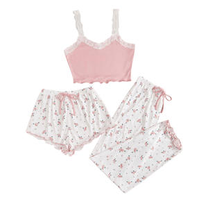 Pigiami Pyjamas3 pezzi carini pigiama donna graziosi pantaloni corti in vita elastica abito da ragazza in <span class=keywords><strong>pizzo</strong></span> - Product Image 5