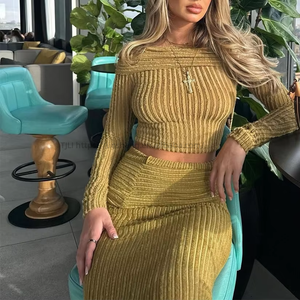 New High Elastic Fabric Off Shoulder Long Sleeve Striped Dress 2 Piece Set for Women Fashion - Product Image 5