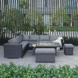 Hot Seller Garden PE Wide And Round Rattan Assembled Corner Sofa Rising Table With Fire Pit Set