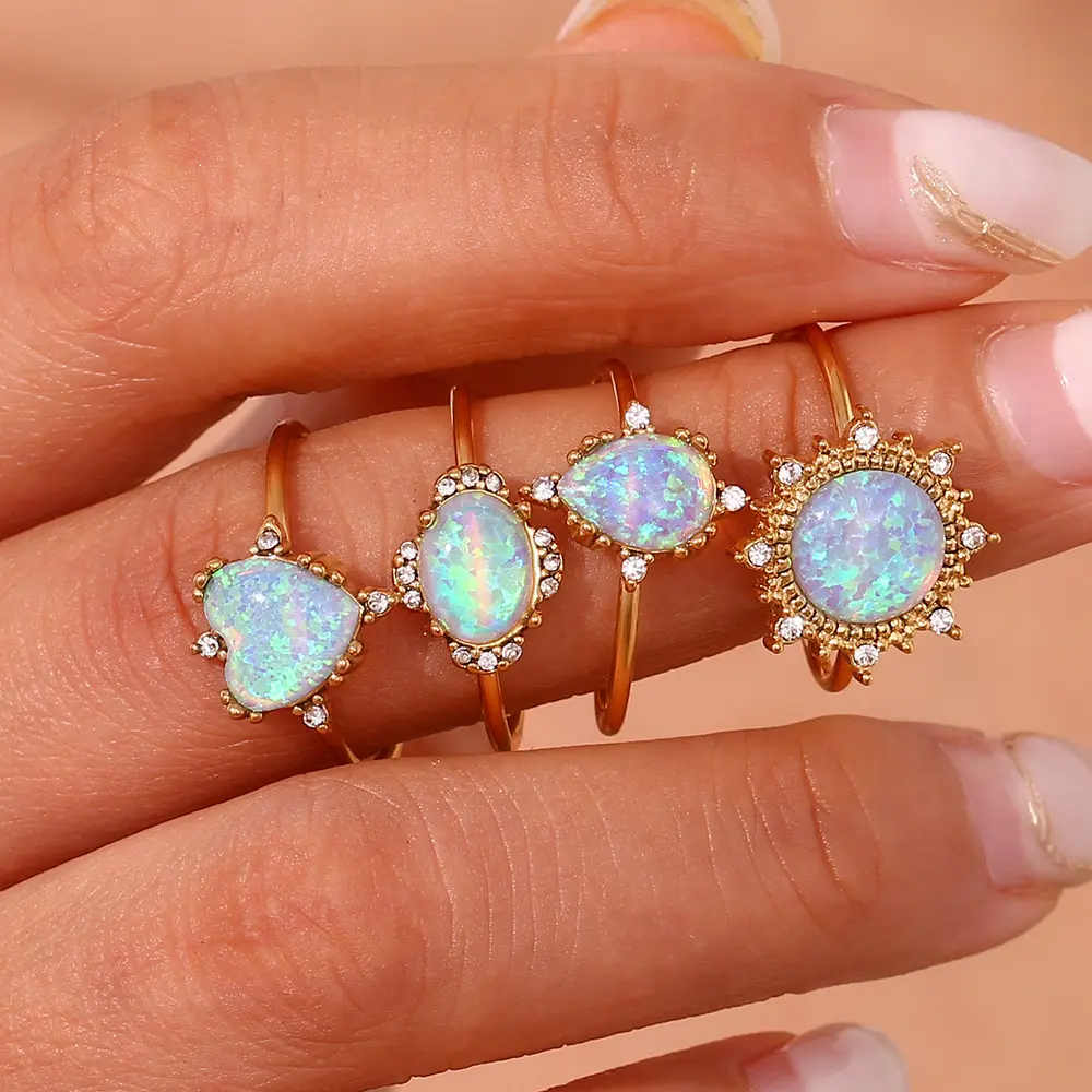 Trendy Edelstahl 18 Karat echt vergoldet Sun Water drop Herz Opal Stein Fingerring für Frauen Geometric Blue Opal Open Ring