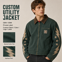 Veste décontractée pour homme avec logo personnalisé, en sergé de coton délavé, col en velours côtelé, fermeture éclair intégrale, poche poitrine avec appliqué, style workwear