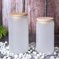 Vaso de Vidrio Borosilicato Transparente Esmerilado de 16 oz, con Diseño de Rayas Sublimadas, con Tapa de Bambú, para Jugo, Refresco, Café Helado y Más