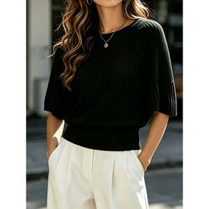 Suéter de manga corta con cuello de murciélago y canalé para mujer, color blanco - Product Image 4