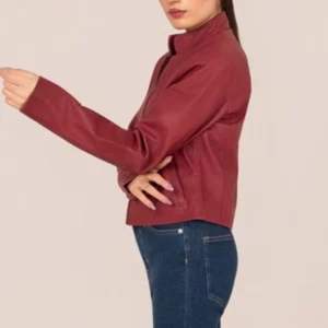 Chaqueta de Motociclista Clásica de Cuero Genuino Rojo para Mujer, Transpirable, con Cuello Alto, para Invierno, Estilo Motero - Product Image 4