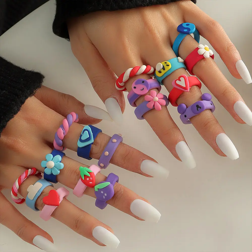 Ins Fashion Cute Flower Smile Face Clay Ring Fruit Twist Polymer Colorful Finger Rings