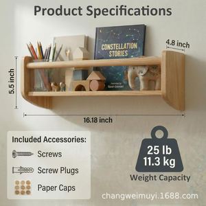 <b>Wall</b> <b>Mounted</b> Solid Wood <b>Shelf</b> Natural Color 2 Tier For Kids Room Toy Book Storage Organizer Durable Home Decor - Product Image 2