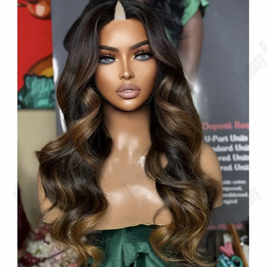 Perruque naturelle pour femme, blond <span class=keywords><strong>miel</strong></span> balayage, ondulations lâches, coupe en U, taille ajustable et dentelle HD couleur - Product Image 1