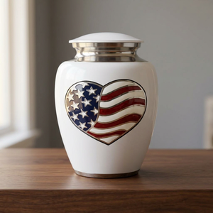 Urna de Esmalte Blanco para Cremación, Recuerdo con Bandera Americana y Corazón, Contenedor Conmemorativo de Metal para el Hogar - I H C - Product Image 1