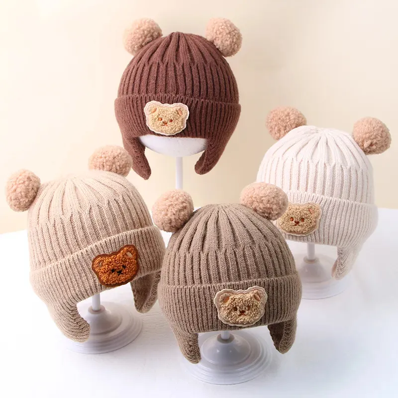 Winter Warm Baby Mädchen Jungen Niedlichen Pompon Hut Outdoor Gehörschutz Gestrickt Kinder Winter mütze Kleinkind Bär Stickerei Winter mütze