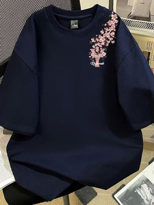T-shirt Oversize Unisex in Cotone Pesante 300gsm con Stampa Floreale Sakura e Lettera <span class=keywords><strong>Y</strong></span> Grande Personalizzata, Traspirante, per Coppia - Product Image 5