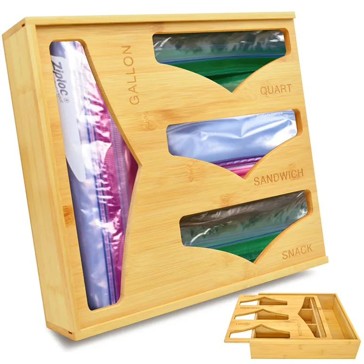 FuQiang Wholesale Kitchen Accessories Wooden Bamboo Ziplock Bag Storage Organizer for Drawer