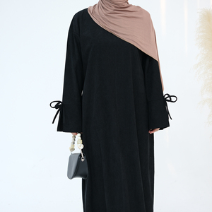 여자의 드레스 코듀로이 폐쇄 Abaya 2025 이슬람 의류 겸손한 아바야 여성 무슬림 원피스 주머니와 커프스와 Bowknots - Product Image 4