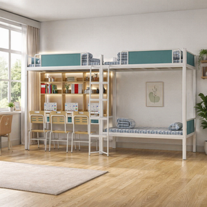 Lit superposé moderne <span class=keywords><strong>3</strong></span> <span class=keywords><strong>places</strong></span> en métal pour dortoir, vente en gros d'usine, couleur personnalisée OEM, avec bureau, étagère et barrière de sécurité pour chambre à coucher - Product Image 1