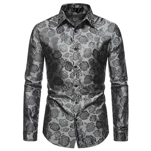 2023 Herren schlankes lang ärmel iges Mode-Button-Up-Shirt Nachtclub-Freizeit hemd mit Rosen druck