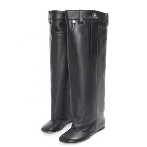 Custom Metal Button Loose Pleated Upper <b>Shoes</b> Flat Heels Square Toe Slouchy Long Boots Women's Wide Fit Knee High Booties - Product Image 5