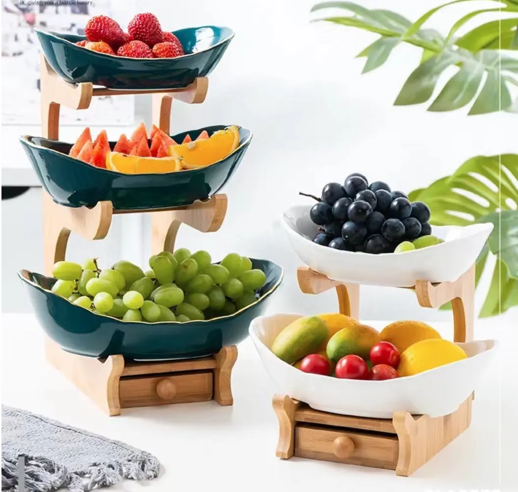 Nordic simple fruit basket creative multi-layer fruit plate with drawer ceramic dried fruit plate bamboo rack snack platter