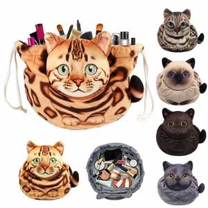 Lovely Drawstring Flat Lay <b>Cat</b> Shape Make up Pouch Portable <b>Funny</b> Kitties Beauty Storage Makeup Bags - Product Image 1