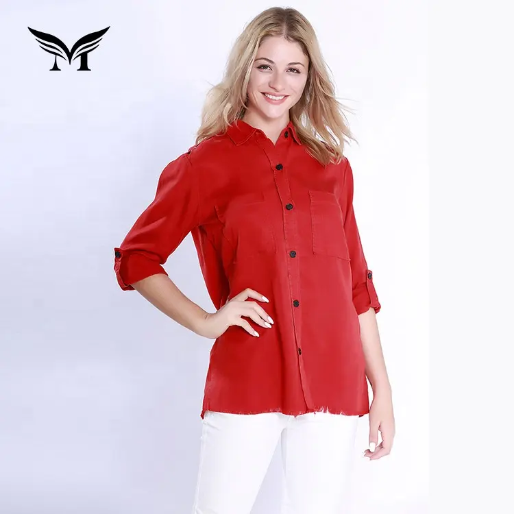 Turn-Down Kraag High Fashion Dames Effen Lange Mouw Mode Katoenen Blouse Tops Met Twee Zakken