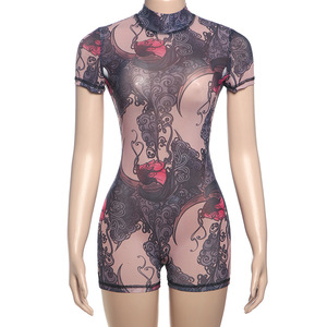 Combinaison Femme Imprimée en Maille Transparente Sexy Dos Nu Col Rond Manches Courtes Taille Haute Ajustée Clubwear - Product Image 5