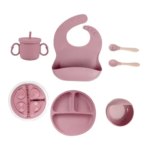 Hot Selling Baby Products 6Pcs Silicone Rubber Baby Supplies Dining Plate Bowl Cup Spoon Fork Feeding Set Baby Bibs For Kids