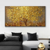 Peinture à l'huile abstraite 3D sur toile, 100% peinte à la main, grand format, avec palette et couteau, motif arbre doré, nature morte