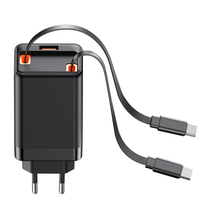 Adaptateur de charge rapide à double port 65W réglable en autonomie, chargeur double port PD Q C3.0 Type-C, chargeur GaN avec cordon rétractable - Product Image 1