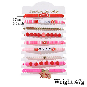 Valentine's Day <b>Bracelet</b> Set Pearl Heart <b>Couple</b> Stacking XOXO Polymer Clay Jewelry - Product Image 4