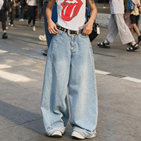 Jean taille haute pour femme, coupe super large, bleu clair délavé, ourlet retroussé, style baggy, streetwear, échantillon, personnalisé, OEM, ODM, en gros