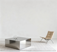 Table basse italienne durable et minimaliste en acier inoxydable massif, finition brossée mate, mobilier moderne pour salon, réception d'hôtel