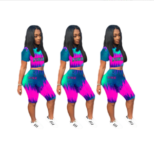 Ensemble décontracté deux pièces pour femmes Tie-Dye imprimé Orange jaune rose au-dessus du genou tenue courte avec motif de grattage - Product Image 5