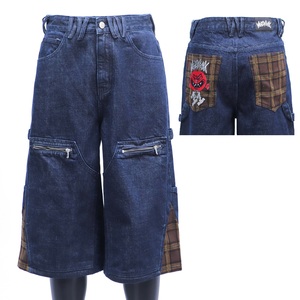 MC BUILD OEM Bermuda in denim da <span class=keywords><strong>uomo</strong></span> con tasche, stile trucker, decorazioni e patchwork, a vita media - Product Image 1