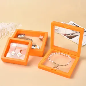 Wholesale Orange 3D Floating Frame Display Case Clear PE film Jewelry Coin Gem Stone Travel Organizer Packaging Box With Stands