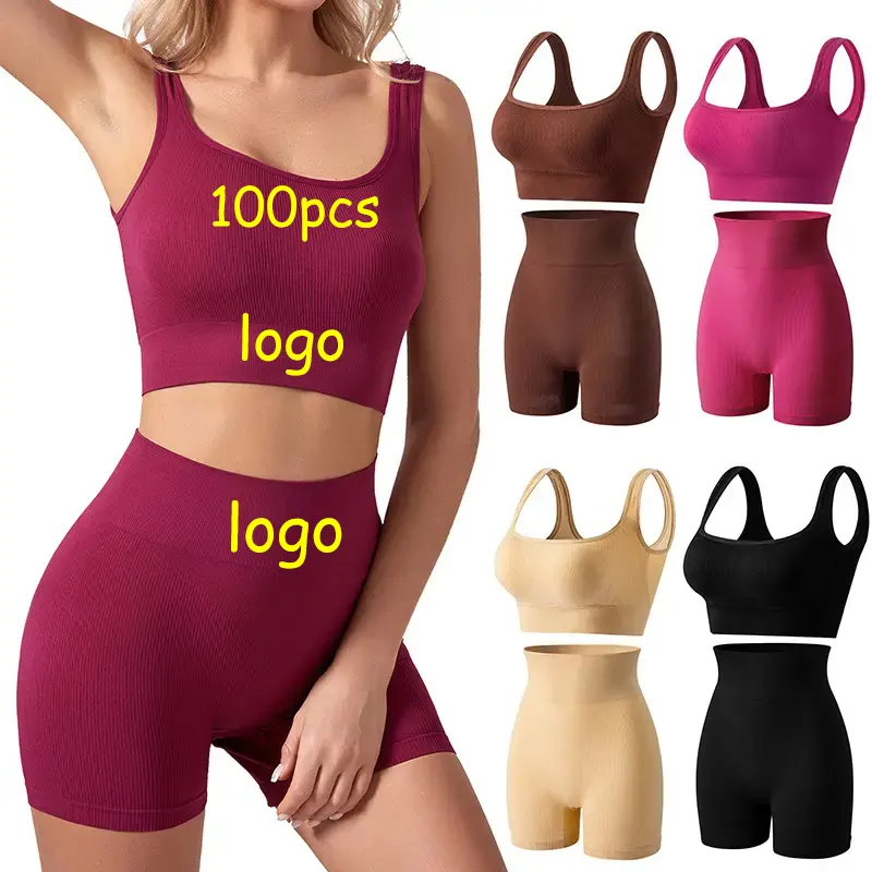 Groothandel Custom Vrouwen 2 Stuks Fitnesssets Sportbeha Workout Naadloze Sportbeha Crop Yoga Set