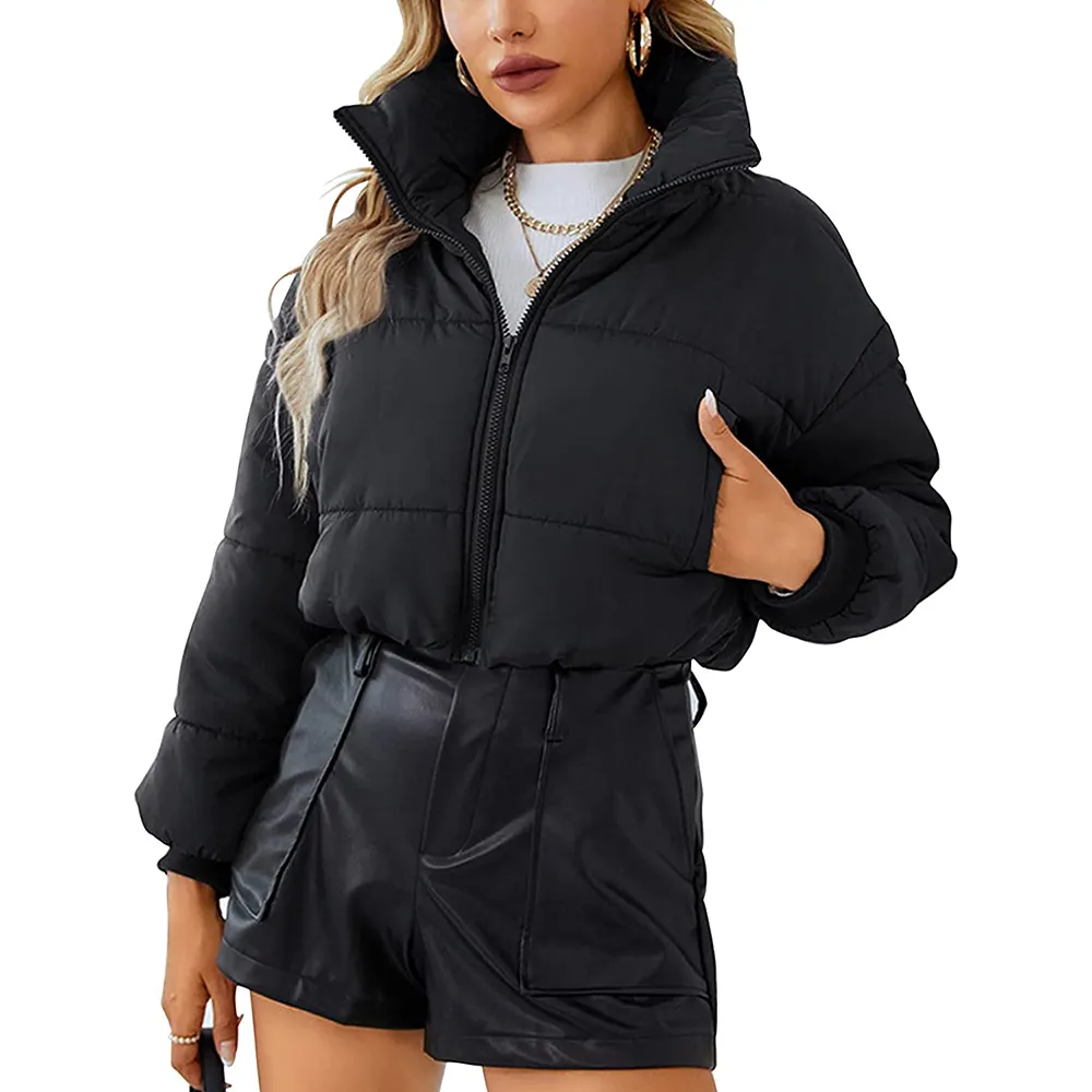 FREE SAMPLE Women's Cropped Padding Jackets Winter Warm Long Sleeve Coat Full Zip Padded Stand Collar Outerwear