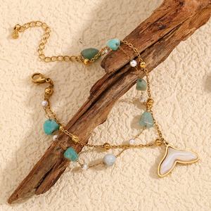 Tobillera de cadena de cuentas de turquesa de doble capa, cola de ballena, piedra Natural, joyería chapada en oro, tobillera de acero inoxidable 316L - Product Image 3