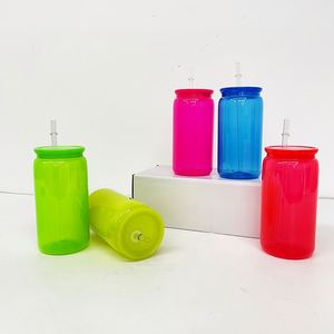 Custom Logo 16Oz Soda Neon Colored Plastic Can Acrylic <b>Cups</b> With <b>Lids</b> <b>and</b> <b>Straws</b> for Uv Dtf Wraps - Product Image 1