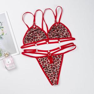 Conjunto de lencería sexy con estampado de leopardo y tiras para mujer, Bralette morado de dos piezas, Tanga, ropa íntima exótica ajustable - Product Image 1